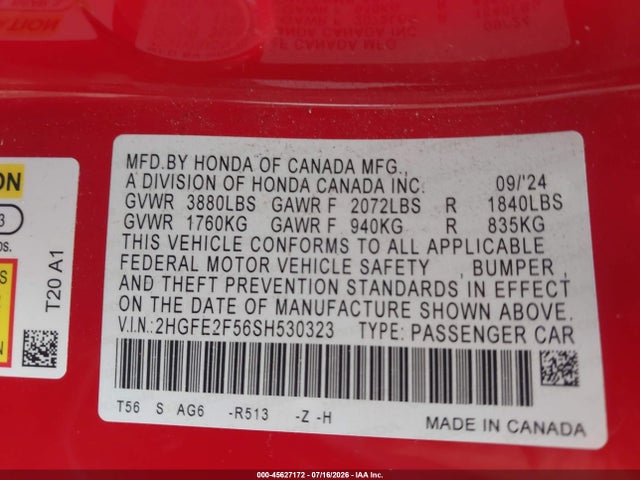 2HGFE2F56SH530323 Honda Civic Sport