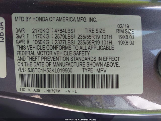 45627182 :رقم المزاد ، 5J8TC1H53KL019560 vin ، 2019 Acura Rdx Technology Package مزاد بيع