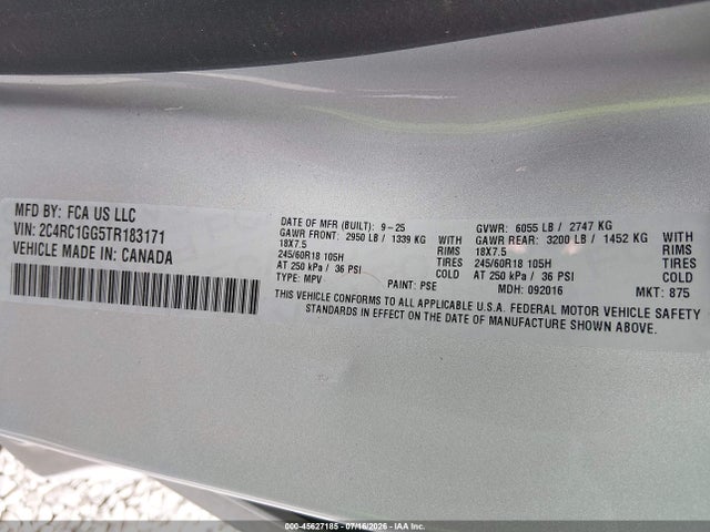 2026 Chrysler Pacifica Limited მანქანა იყიდება აუქციონზე, vin: 2C4RC1GG5TR183171, აუქციონის ნომერი: 45627185