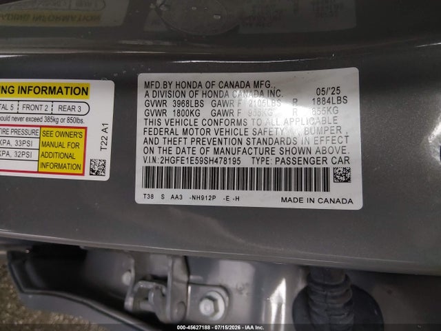 45627188 :رقم المزاد ، 2HGFE1E59SH478195 vin ، 2025 Honda Civic Si Base W/high Performance Summer Tires/ مزاد بيع
