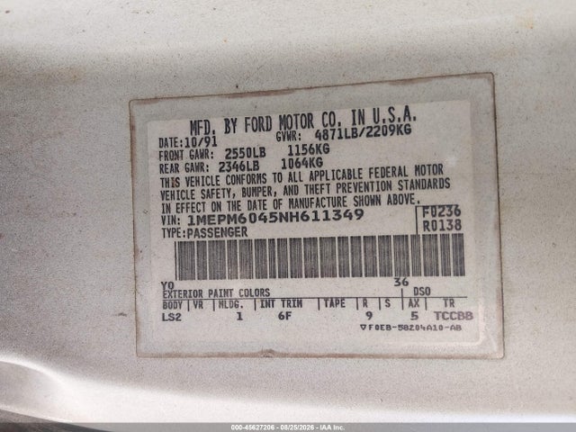 Продажа на аукционе авто 1992 Mercury Cougar Ls, vin: 1MEPM6045NH611349, номер лота: 45627206