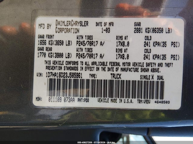 Продаж на аукціоні авто 2003 Dodge Ram 1500 Slt/laramie/st, vin: 1D7HA16D23J585961, номер лоту: 45627209