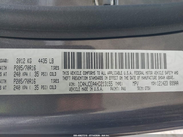 Aukcja sprzedaży 2017 Jeep Compass Latitude, vin: 1C4NJCEA4HD213155, numer aukcji: 45627210