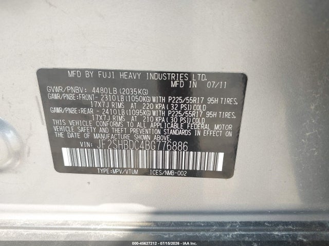 2011 Subaru Forester 2.5x Premium მანქანა იყიდება აუქციონზე, vin: JF2SHBDC4BG776886, აუქციონის ნომერი: 45627212