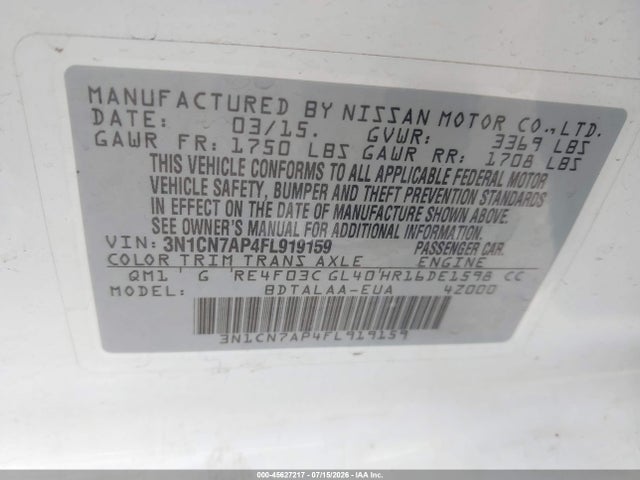 Aukcja sprzedaży 2015 Nissan Versa 1.6 S, vin: 3N1CN7AP4FL919159, numer aukcji: 45627217