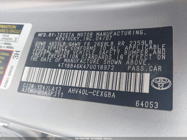 Продажа на аукционе авто 2007 Toyota Camry Hybrid, vin: 4T1BB46K47U018972, номер лота: 45627249