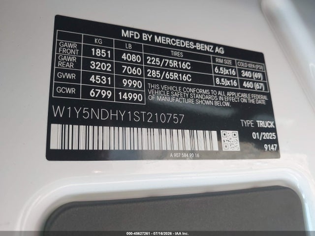 2025 Mercedes-benz Sprinter 3500 High Roof 4-cyl Diesel Ho მანქანა იყიდება აუქციონზე, vin: W1Y5NDHY1ST210757, აუქციონის ნომერი: 45627261