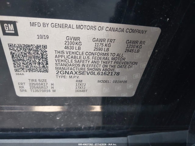 Продаж на аукціоні авто 2020 Chevrolet Equinox Awd Ls, vin: 2GNAXSEV0L6162178, номер лоту: 45627262