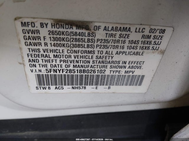 45627267 :رقم المزاد ، 5FNYF28518B026102 vin ، 2008 Honda Pilot Ex-l مزاد بيع