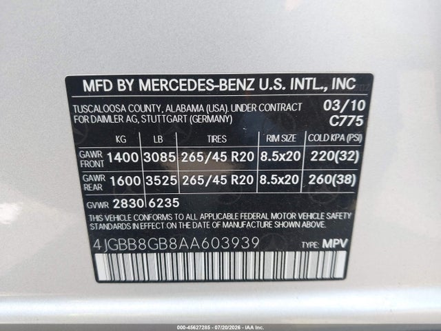 2010 Mercedes-benz Ml 350 4matic მანქანა იყიდება აუქციონზე, vin: 4JGBB8GB8AA603939, აუქციონის ნომერი: 45627285