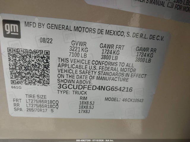 3GCUDFED4NG654216 Chevrolet Silverado 1500 4wd Short Bed Lt Trail Boss