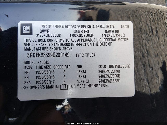 45627305 :رقم المزاد ، 3GCEK33399G230149 vin ، 2009 Chevrolet Silverado 1500 مزاد بيع