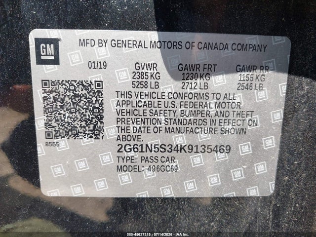 45627315 :رقم المزاد ، 2G61N5S34K9135469 vin ، 2019 Cadillac Xts Luxury مزاد بيع