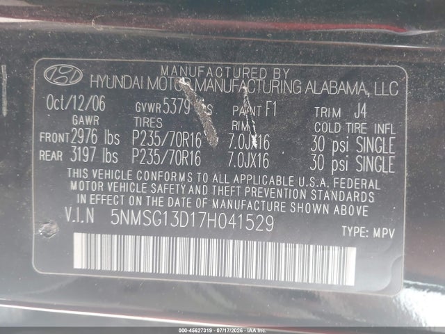 Продажа на аукционе авто 2007 Hyundai Santa Fe Gls, vin: 5NMSG13D17H041529, номер лота: 45627319