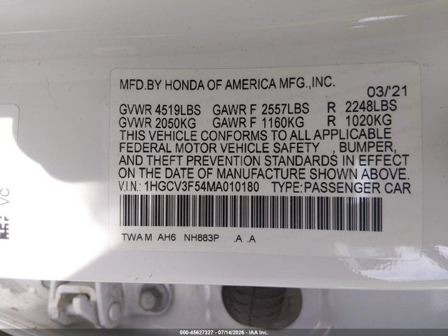 1HGCV3F54MA010180 Honda Accord Hybrid Ex-l