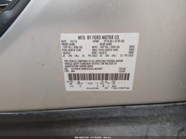 Aukcja sprzedaży 2016 Ford Explorer, vin: 1FM5K7B80GGC40397, numer aukcji: 45627330