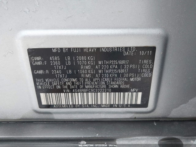 Продаж на аукціоні авто 2012 Subaru Outback 2.5i Premium, vin: 4S4BRBFC9C3222210, номер лоту: 45627344