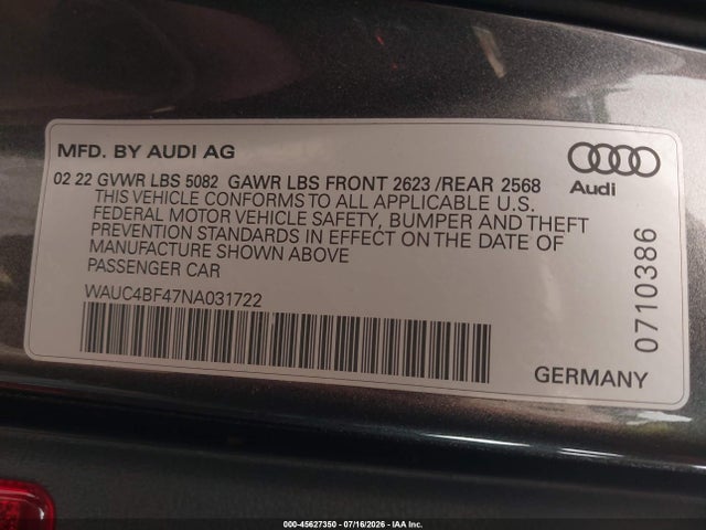 Aukcja sprzedaży 2022 Audi S4 Prestige Tfsi Quattro Tiptronic, vin: WAUC4BF47NA031722, numer aukcji: 45627350