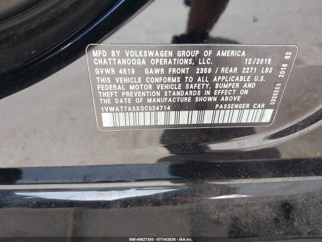 45627355 :رقم المزاد ، 1VWAT7A3XGC024714 vin ، 2016 Volkswagen Passat 1.8t S مزاد بيع