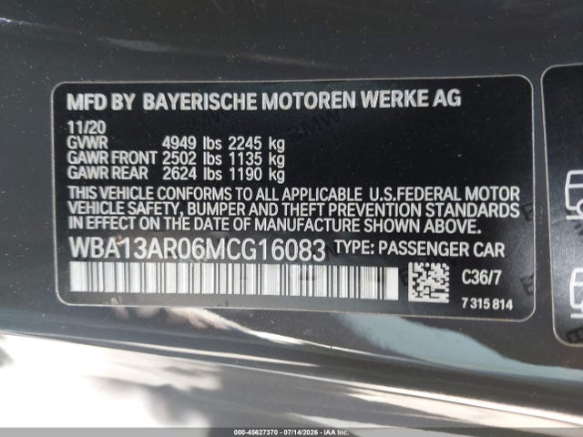 Aukcja sprzedaży 2021 Bmw M440i Xdrive, vin: WBA13AR06MCG16083, numer aukcji: 45627370