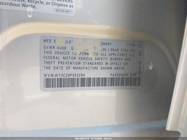 Продаж на аукціоні авто 2009 Volkswagen Passat Komfort, vin: WVWJK73C29P052294, номер лоту: 45627379