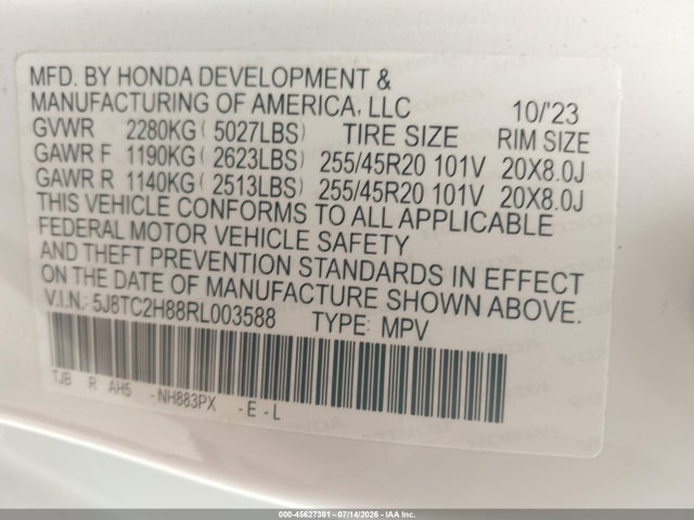 45627381 :رقم المزاد ، 5J8TC2H88RL003588 vin ، 2024 Acura Rdx A-spec Advance Package مزاد بيع