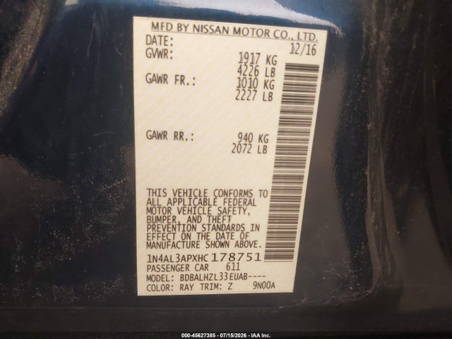 2017 Nissan Altima 2.5 Sr მანქანა იყიდება აუქციონზე, vin: 1N4AL3APXHC178751, აუქციონის ნომერი: 45627385