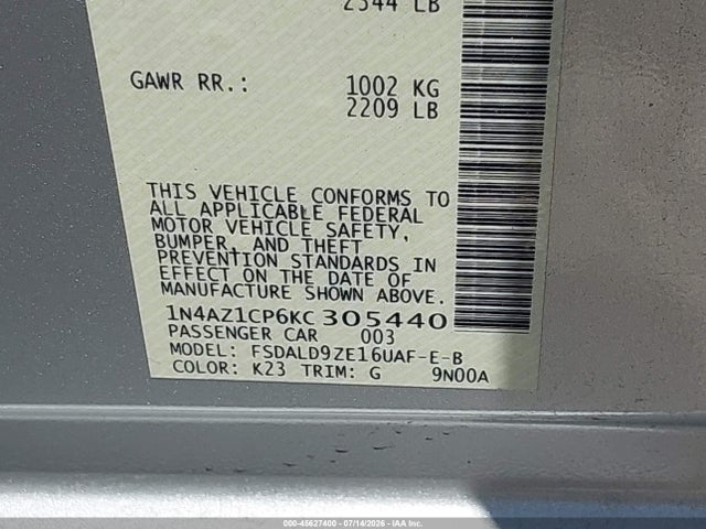 45627400 :رقم المزاد ، 1N4AZ1CP6KC305440 vin ، 2019 Nissan Leaf Sv مزاد بيع