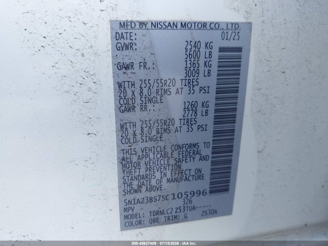 Aukcja sprzedaży 2025 Nissan Murano Sv, vin: 5N1AZ3BS7SC105996, numer aukcji: 45627409