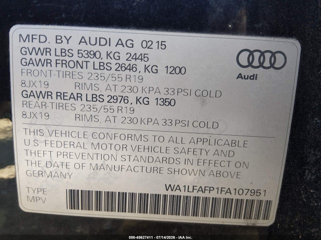 Aukcja sprzedaży 2015 Audi Q5 2.0t Premium, vin: WA1LFAFP1FA107951, numer aukcji: 45627411