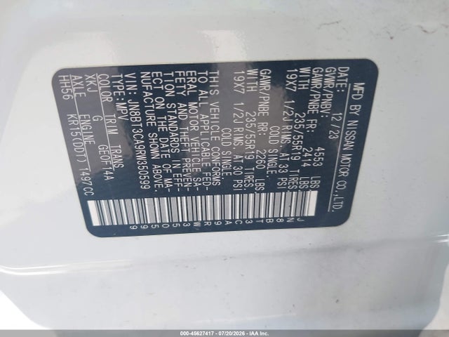 45627417 :رقم المزاد ، JN8BT3CA9RW350599 vin ، 2024 Nissan Rogue Sl Fwd مزاد بيع