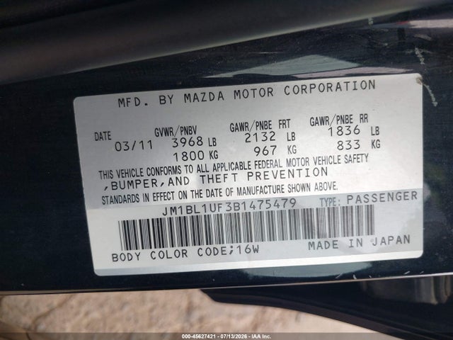 Aukcja sprzedaży 2011 Mazda Mazda3 I Sport, vin: JM1BL1UF3B1475479, numer aukcji: 45627421