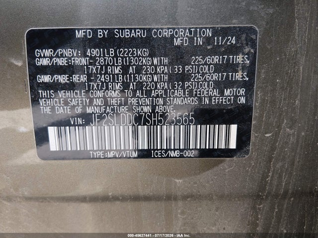45627441 :رقم المزاد ، JF2SLDDC7SH523565 vin ، 2025 Subaru Forester Premium مزاد بيع