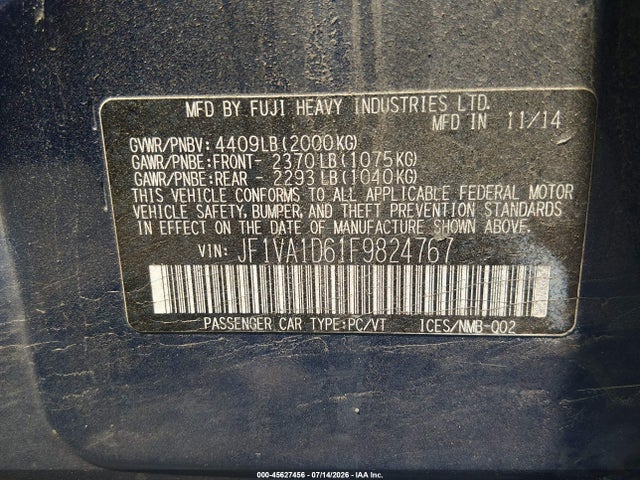 Продаж на аукціоні авто 2015 Subaru Wrx Premium, vin: JF1VA1D61F9824767, номер лоту: 45627456