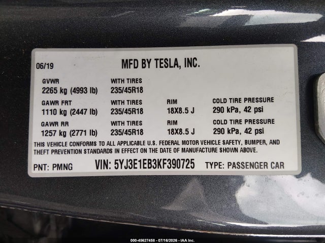 Aukcja sprzedaży 2019 Tesla Model 3 Long Range/performance, vin: 5YJ3E1EB3KF390725, numer aukcji: 45627458