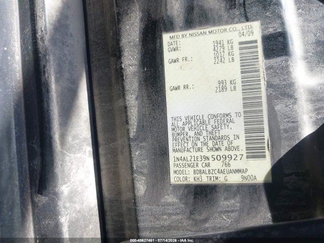 Aukcja sprzedaży 2009 Nissan Altima 2.5 S, vin: 1N4AL21E39N509927, numer aukcji: 45627461