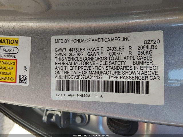1HGCV2F37LA011122 Honda Accord Sport 2.0t