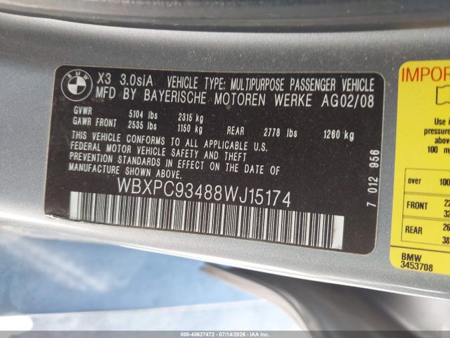 Продаж на аукціоні авто 2008 Bmw X3 3.0si, vin: WBXPC93488WJ15174, номер лоту: 45627472