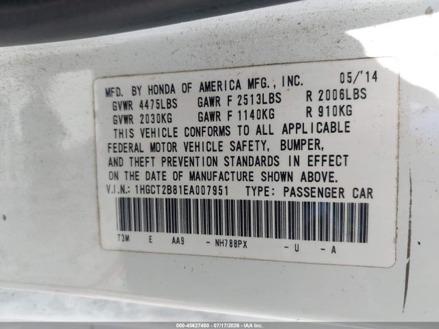 Aukcja sprzedaży 2014 Honda Accord Ex-l V-6, vin: 1HGCT2B81EA007951, numer aukcji: 45627480