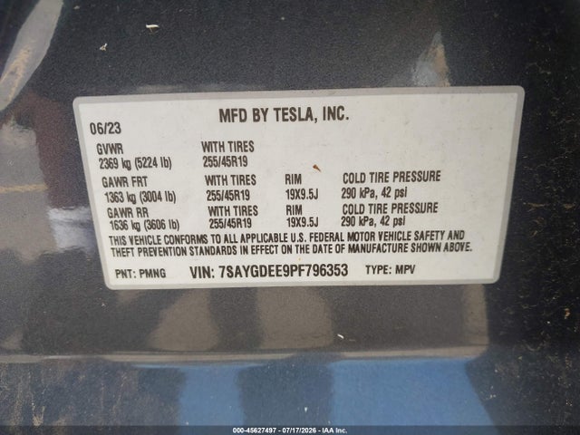 Продаж на аукціоні авто 2023 Tesla Model Y Awd/long Range Dual Motor All-wheel Drive, vin: 7SAYGDEE9PF796353, номер лоту: 45627497