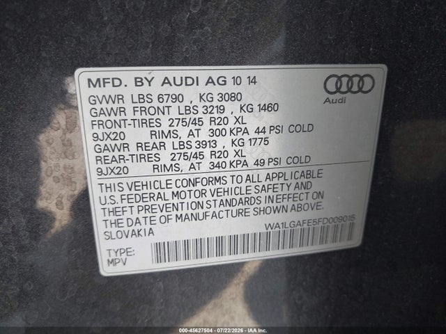 Продаж на аукціоні авто 2015 Audi Q7 3.0t Premium, vin: WA1LGAFE5FD009015, номер лоту: 45627504
