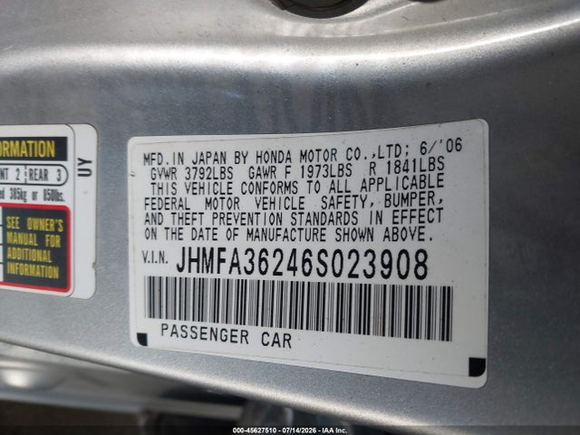 Продажа на аукционе авто 2006 Honda Civic Hybrid, vin: JHMFA36246S023908, номер лота: 45627510