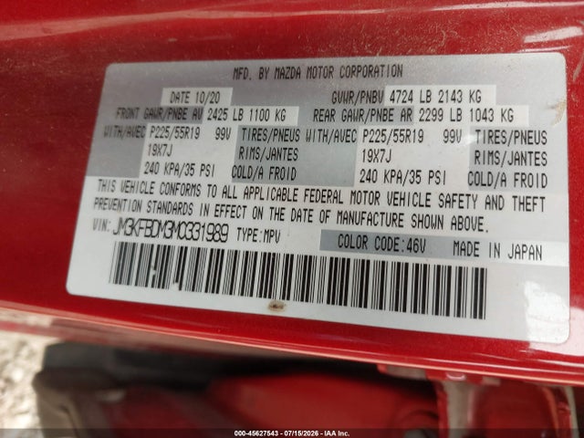 45627543 :رقم المزاد ، JM3KFBDM3M0331989 vin ، 2021 Mazda Cx-5 Grand Touring مزاد بيع