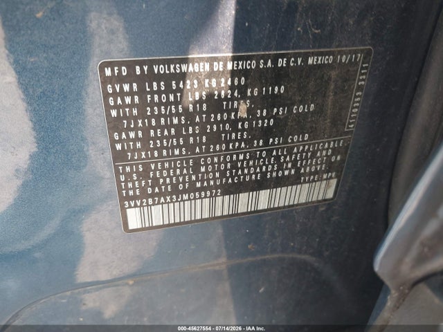 Продаж на аукціоні авто 2018 Volkswagen Tiguan 2.0t Se/2.0t Sel, vin: 3VV2B7AX3JM059972, номер лоту: 45627554