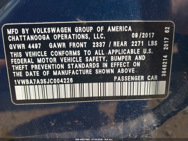 Продажа на аукционе авто 2018 Volkswagen Passat 2.0t Se, vin: 1VWBA7A35JC004226, номер лота: 45627565