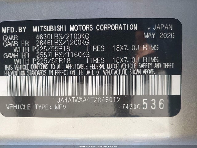 JA4ATWAA4TZ046012 Mitsubishi Eclipse Cross Black Edition S-awc/se S-awc/sel S-awc