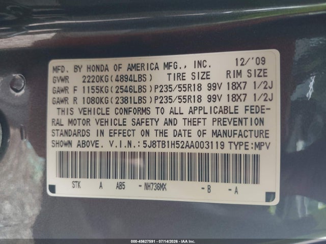 Aukcja sprzedaży 2010 Acura Rdx, vin: 5J8TB1H52AA003119, numer aukcji: 45627591