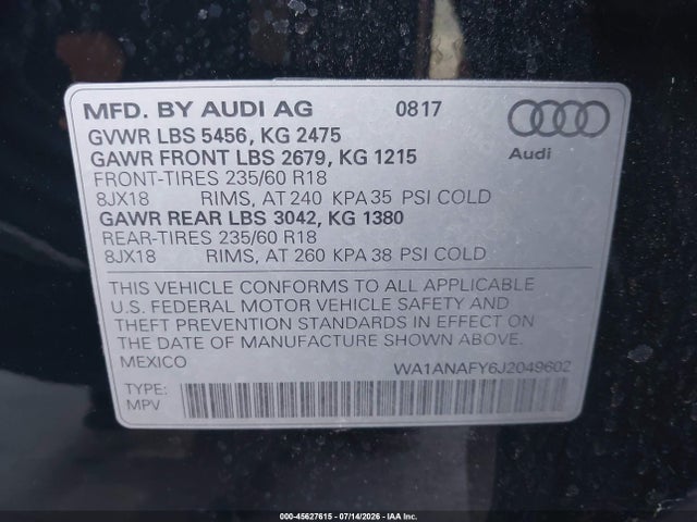 2018 Audi Q5 2.0t Premium/2.0t Tech Premium მანქანა იყიდება აუქციონზე, vin: WA1ANAFY6J2049602, აუქციონის ნომერი: 45627615