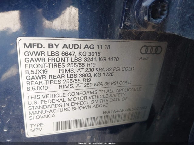 2019 Audi Q7 55 Premium/55 Se Premium მანქანა იყიდება აუქციონზე, vin: WA1AAAF74KD021063, აუქციონის ნომერი: 45627623