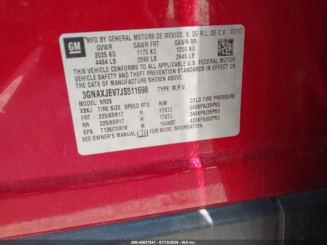45627641 :رقم المزاد ، 3GNAXJEV7JS511698 vin ، 2018 Chevrolet Equinox Lt مزاد بيع